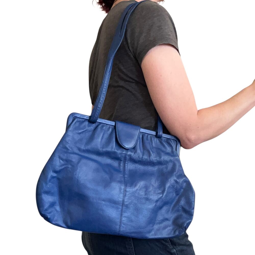 Vintage Pioneer Blue Leather Oversized Hobo Frame Shoulder Bag